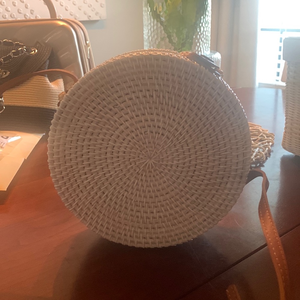Cute round wicker purse with brown strap